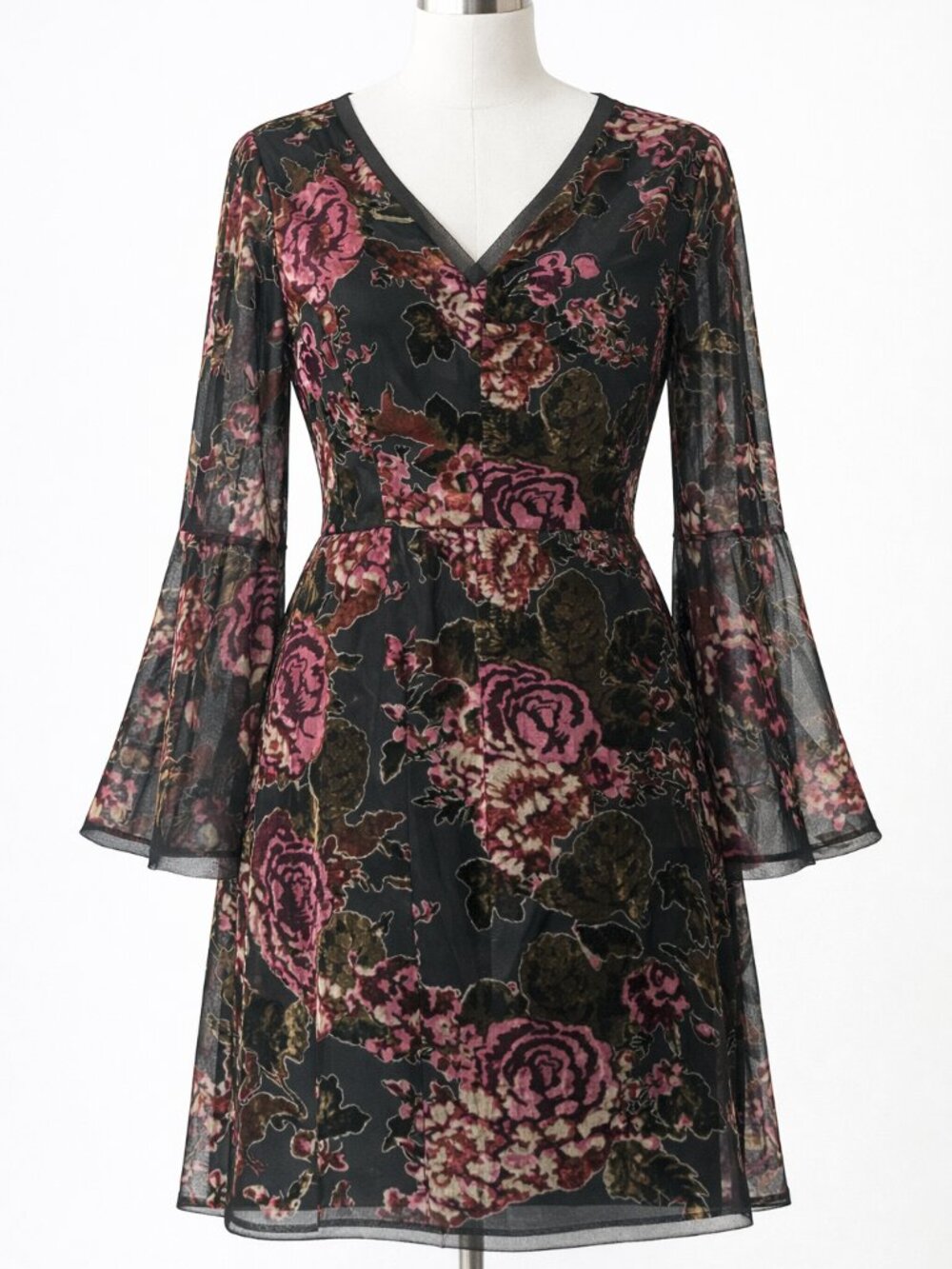 Kut From The Kloth Velvet Burnout Floral Dress SZ 12 Black Pink Bell Sleeve NWT